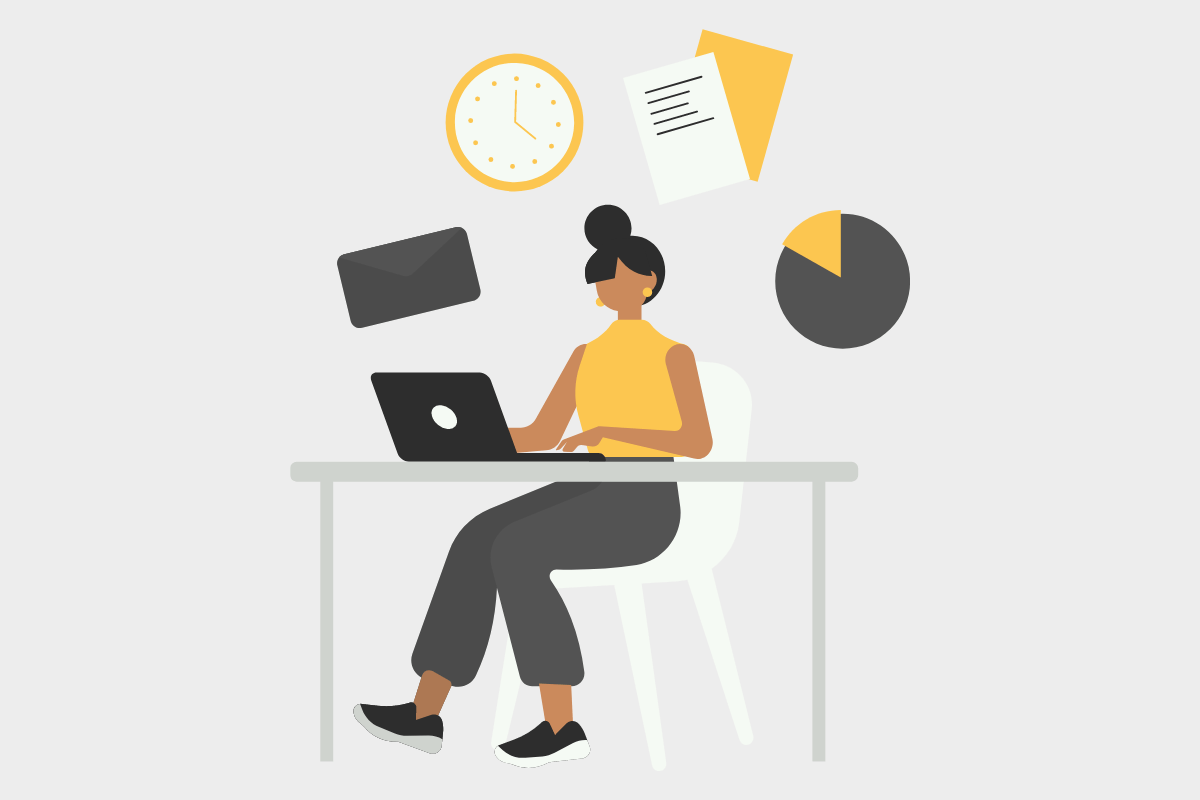 A graphic of a woman at a desk using a laptop.