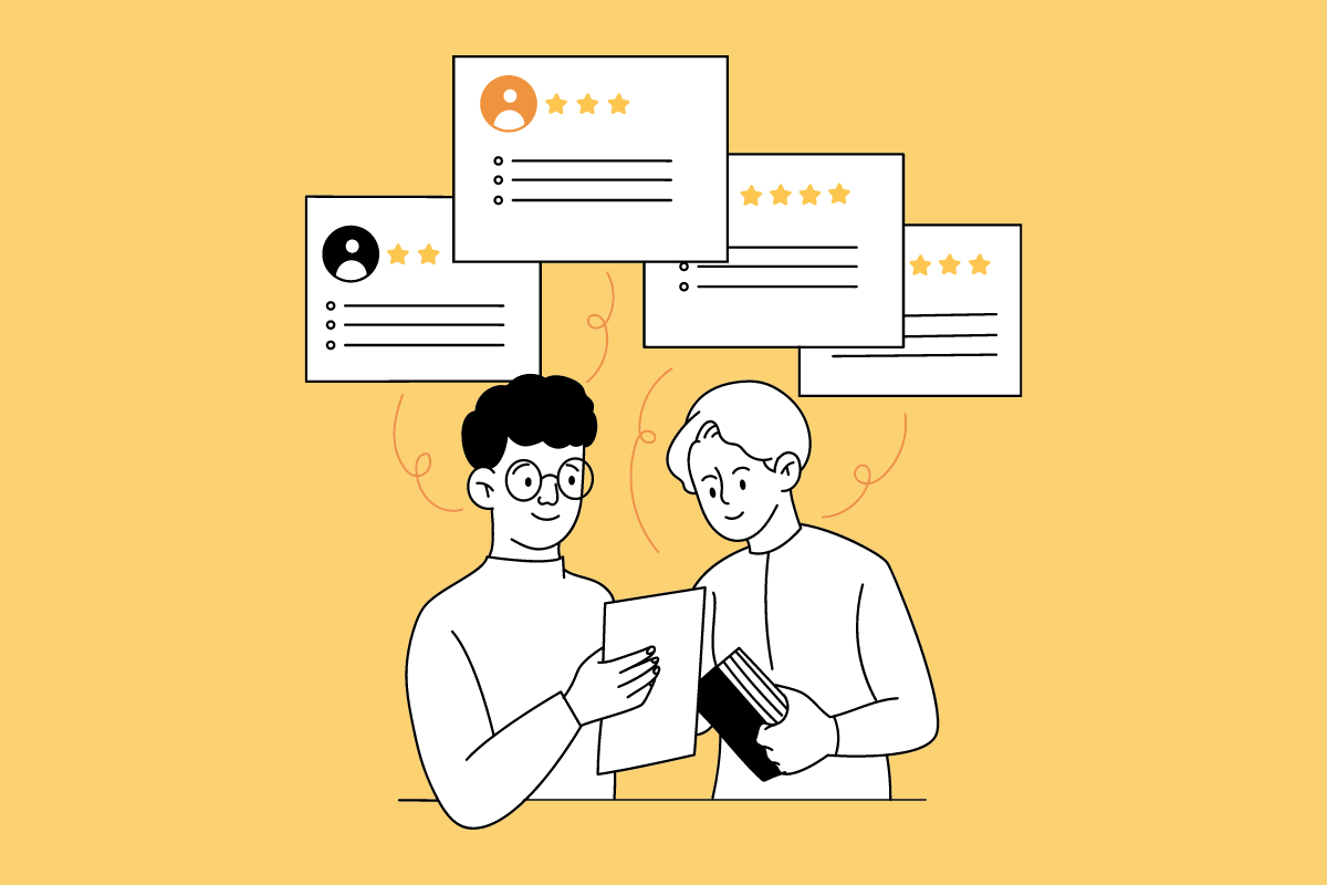 A graphic of two business owners reviewing guest feedback.