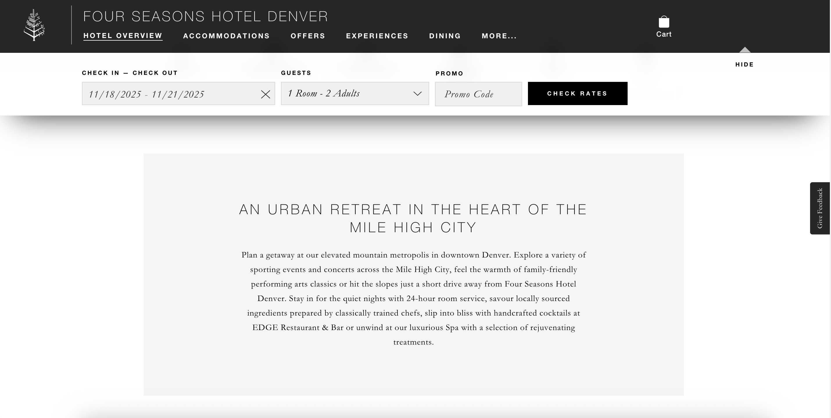 A screenshot of Four Seasons Denver showing good on-page SEO.